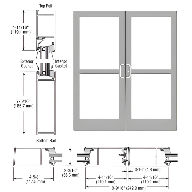 CRL-U.S. Aluminum Clear Anodized IG600 Series Custom Pair StormFront™ Gear Hinged Entrance for Panic and Surface Closer