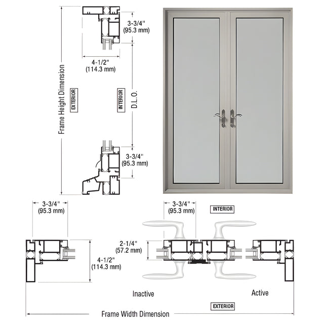 CRL-U.S. Aluminum Clear Anodized Series 900 Terrace Doors With Up/Over Frame, 3-3/4" Bottom Rail, and Standard Threshold - Pair Swing In