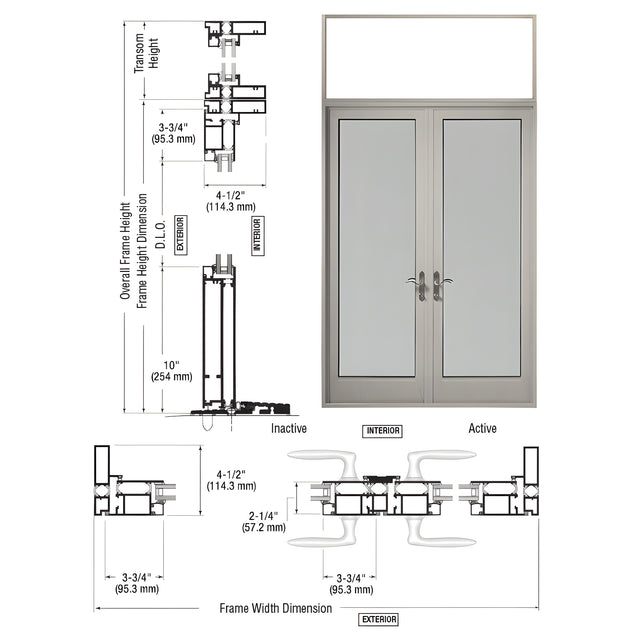 CRL-U.S. Aluminum Clear Anodized Series 925 Transom Patio Door Pair Swing Out