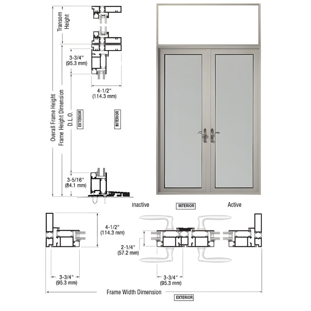 CRL-U.S. Aluminum Clear Anodized Series 925 Transom Patio Door Pair Swing Out