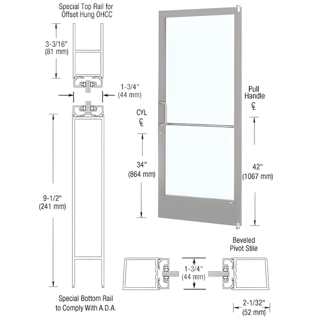 CRL-U.S. Aluminum Clear Anodized Single 36" x 84" Series 250 Narrow Stile Left Side Latch Offset Pivot Entrance Door for 105 Degree Overhead Concealed Door Closer