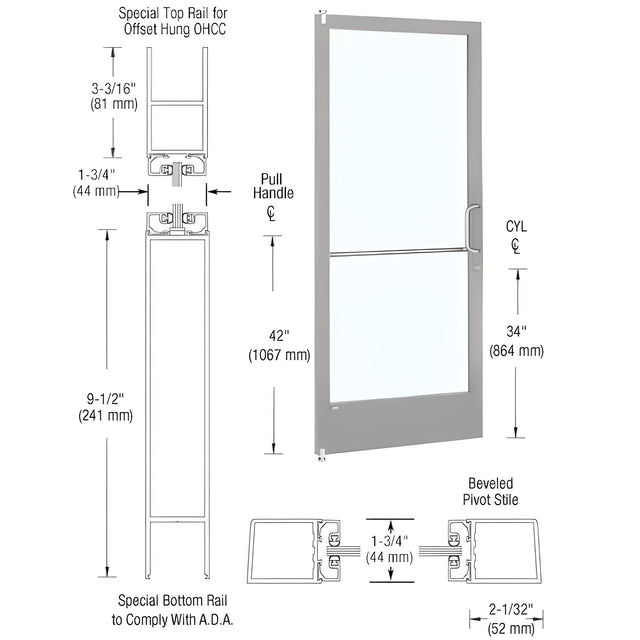 CRL-U.S. Aluminum Clear Anodized Single 36" x 84" Series 250 Narrow Stile Right Side Latch Offset Pivot Entrance Door for 105 Degree Overhead Concealed Door Closer