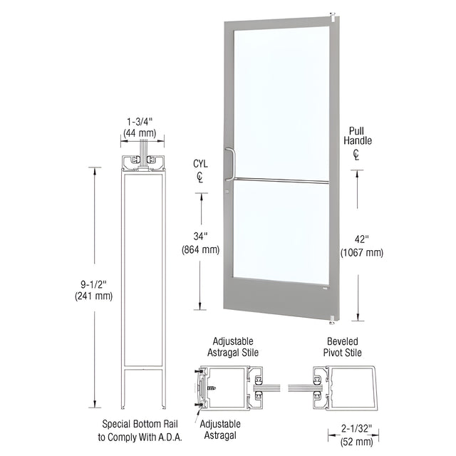 CRL-U.S. Aluminum Clear Anodized Single 36" x 84" Series 250 Narrow Stile Left Side Latch Offset Pivot Active Leaf of Pair for Surface Mount Door Closer