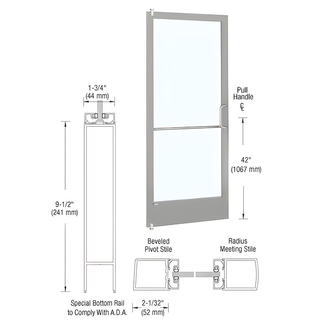 CRL-U.S. Aluminum Clear Anodized Single 36" x 84" Series 250 Narrow Stile Right Side Latch Offset Pivot Inactive Leaf of Pair for Surface Mount Door Closer