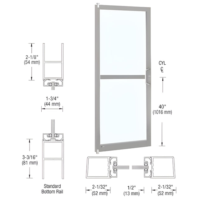 CRL-U.S. Aluminum Clear Anodized Single 36"x 84" Series 250 Narrow Stile Right Side Latch Offset Pivot Entrance Door With Rim Device for Surface Mount Door Closer