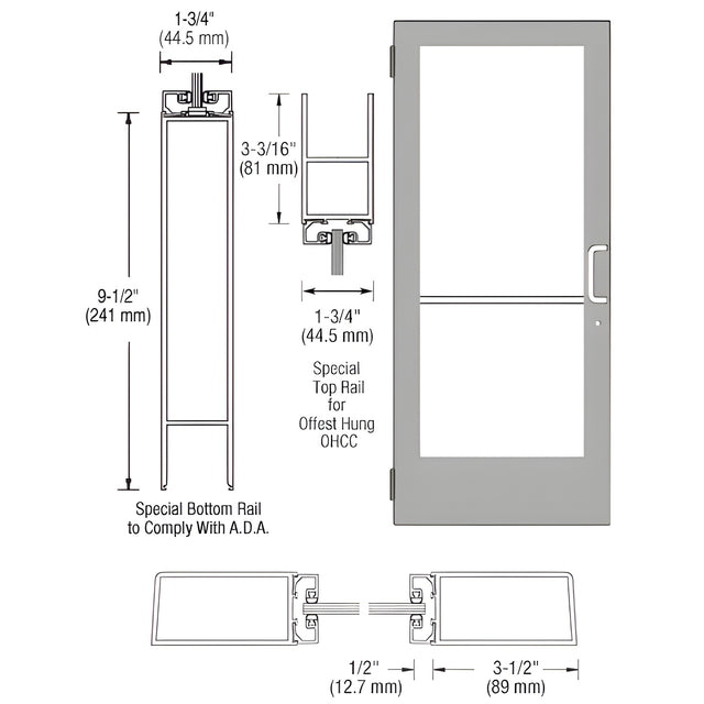 CRL-U.S. Aluminum Clear Anodized Single 36" x 84" Series 400 Medium Stile Right Side Latch Butt Hinged Entrance Door for Overhead Concealed Door Closer