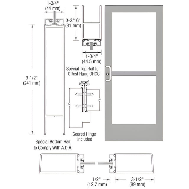 CRL-U.S. Aluminum Clear Anodized Single 36" x 84" Series 400 Medium Stile Left Side Latch Geared Hinge Entrance Door With Panic for 105 Degree Overhead Concealed Door Closer