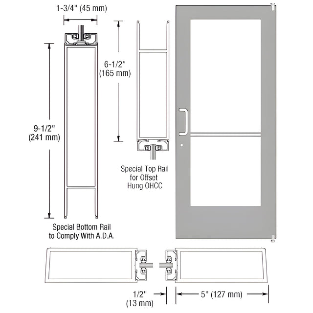 CRL-U.S. Aluminum Clear Anodized Single 36" x 84" Series 550 Wide Stile Left Side Latch Offset Pivot Entrance Door for 105º Overhead Concealed Door Closer