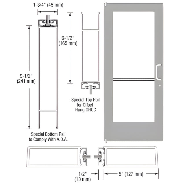 CRL-U.S. Aluminum Clear Anodized Single 36" x 84" Series 550 Wide Stile Right Side Latch Offset Pivot Entrance Door for 90º Overhead Concealed Door Closer