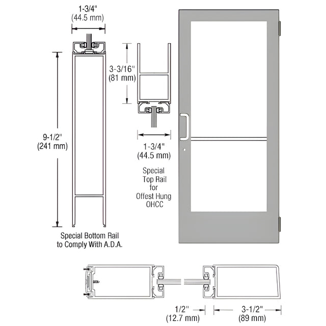 CRL-U.S. Aluminum Clear Anodized Single Active Leaf of Pair 36" x 84" Series 400 Medium Stile Left Side Latch Butt Hinged Entrance Door for 105º Overhead Concealed Door Closer