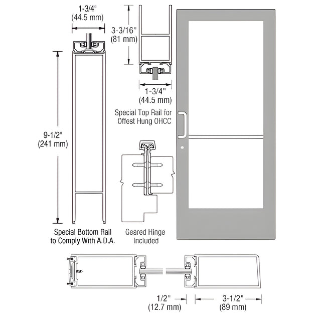 CRL-U.S. Aluminum Clear Anodized Single Active Leaf of Pair 36" x 84" Series 400 Medium Stile Left Side Latch Geared Hinge Entrance Door for 105º Overhead Concealed Closers - A.D.A. Access Bottom Rail