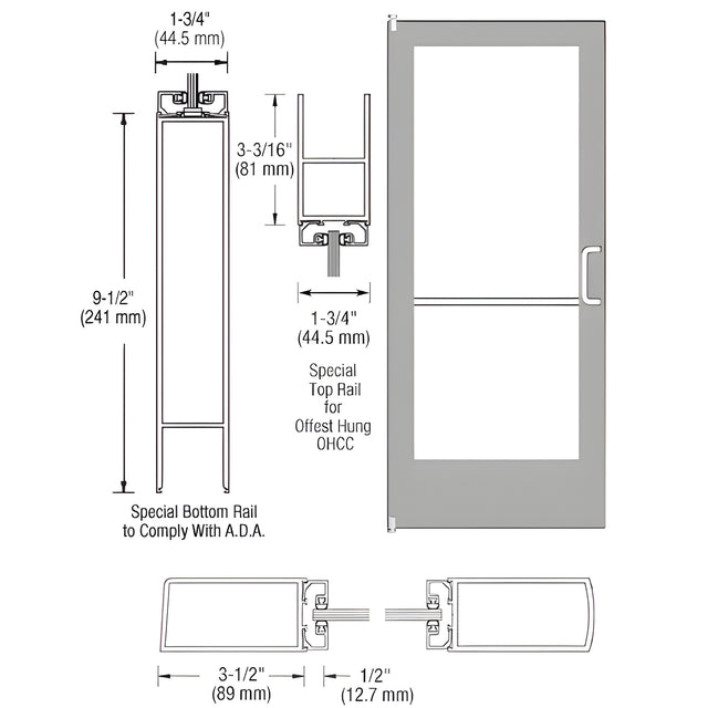 CRL-U.S. Aluminum Clear Anodized Single Inactive Leaf of Pair 36" x 84" Series 400 Medium Stile Offset Pivot Entrance Door For Overhead Concealed Door Closer