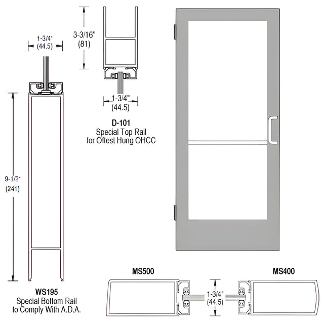 CRL-U.S. Aluminum Clear Anodized Single Inactive Leaf of Pair 36" x 84" Series 400 Medium Stile Right Side Latch Butt Hinged Entrance Door for 105º Overhead Concealed Door Closer