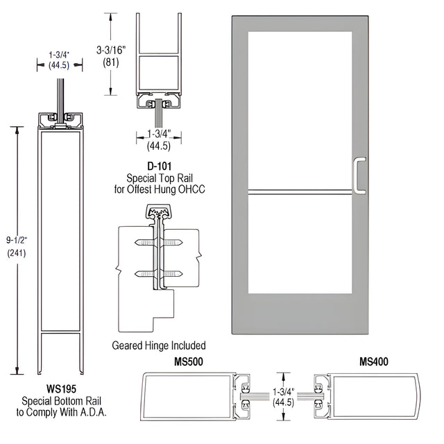 CRL-U.S. Aluminum Clear Anodized Single Inactive Leaf of Pair 36" x 84" Series 400 Medium Stile Right Side Latch Geared Hinge Entrance Door for 105º Overhead Concealed Closers - A.D.A. Access Bottom Rail