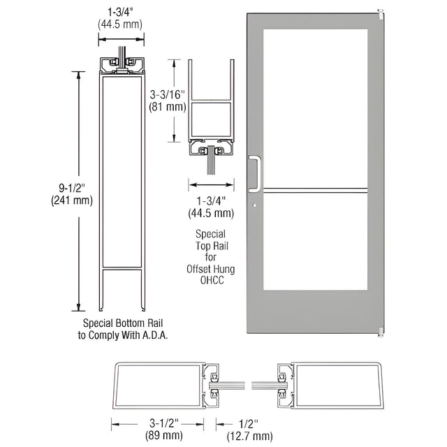 CRL-U.S. Aluminum Clear Anodized Standard Single 36" x 84" Series 400 Medium Stile Left Side Latch Offset Pivot Entrance Door for 105º Overhead Concealed Door Closer