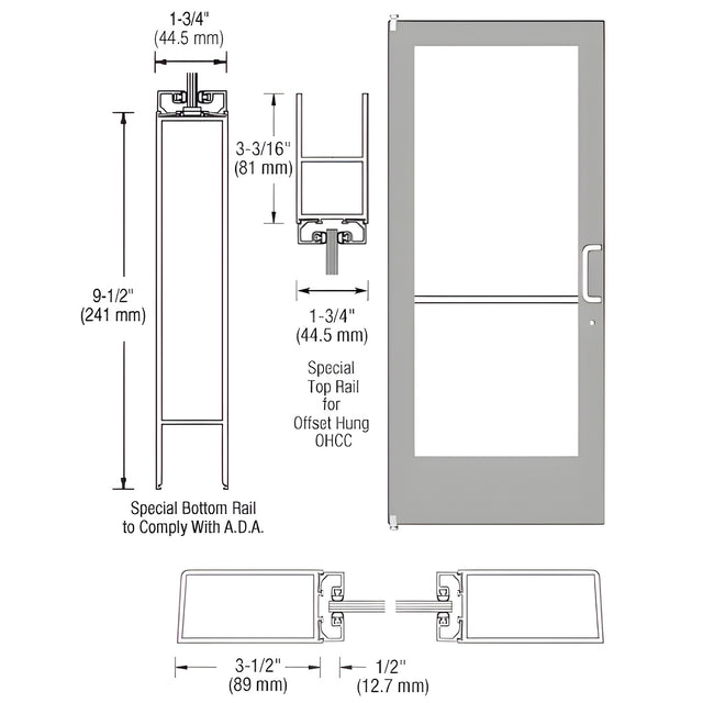 CRL-U.S. Aluminum Clear Anodized Standard Single 36" x 84" Series 400 Medium Stile Right Side Latch Offset Pivot Entrance Door for 105º Overhead Concealed Door Closer