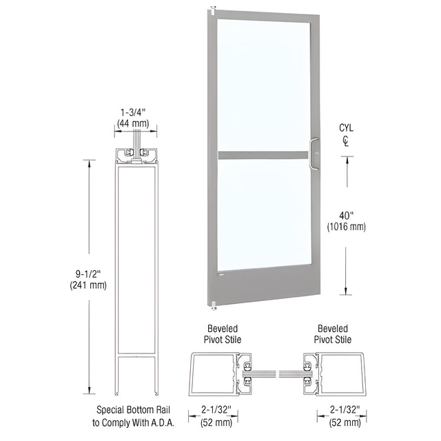 CRL-U.S. Aluminum Clear Anodized Standard Single 36" x 84" Series 250 Narrow Stile Right Side Latch Offset Pivot Entrance Door With Rim Device for 105º Overhead Concealed Door Closer