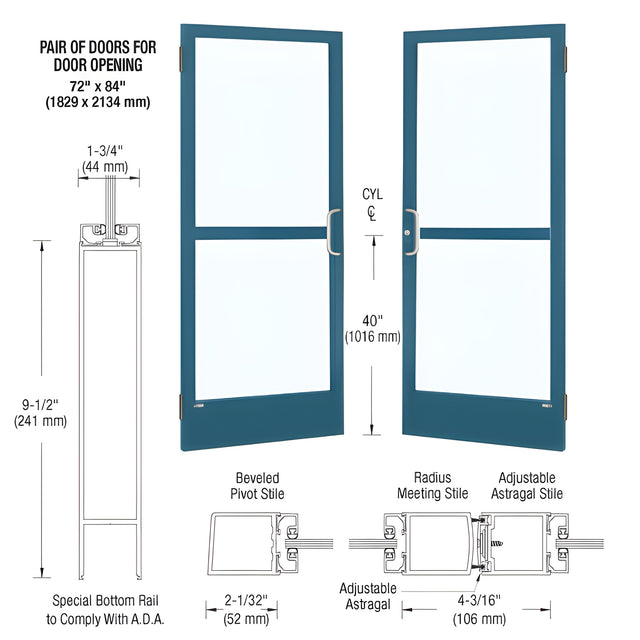 CRL-U.S. Aluminum Custom KYNAR® Paint Custom Pair 72" x 84" Series 250 Narrow Stile Butt Hinge Entrance Door