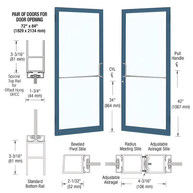 CRL-U.S. Aluminum Custom KYNAR® Paint Custom Pair 72" x 84" Series 250 Narrow Stile Butt Hinge Entrance Door for OHCC