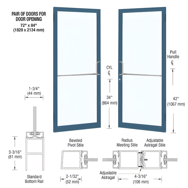 CRL-U.S. Aluminum Custom KYNAR® Paint Custom Pair 72" x 84" Series 250 Narrow Stile Butt Hinge Entrance Door