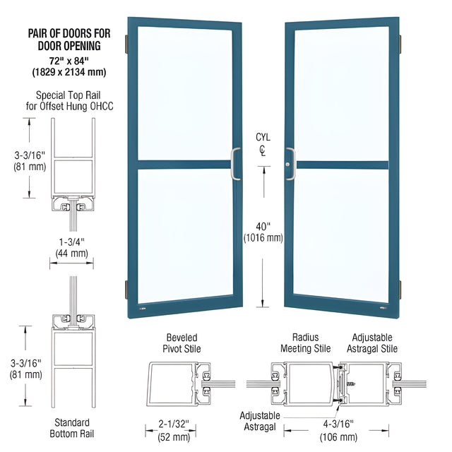 CRL-U.S. Aluminum Custom KYNAR® Paint Custom Pair 72" x 84" Series 250 Narrow Stile Butt Hinge Entrance Door For Panic and OHCC