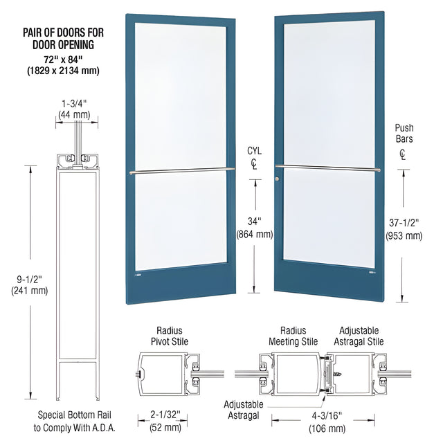 CRL-U.S. Aluminum Custom KYNAR® Paint Custom Pair Series 250 Narrow Stile Center Pivot Entrance Doors for Overhead Concealed Door Closers