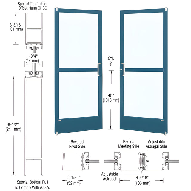 CRL-U.S. Aluminum Custom KYNAR® Paint Custom Pair Series 250 Narrow Stile Offset Pivot Entrance Doors With Panics for Overhead Concealed Door Closers