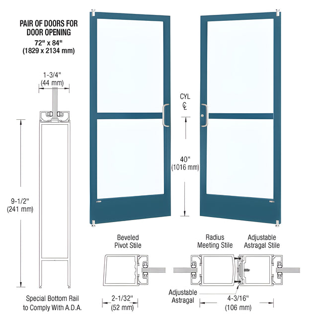 CRL-U.S. Aluminum Custom KYNAR® Paint Custom Pair Series 250 Narrow Stile Offset Pivot Entrance Doors With Panics for Surface Mount Door Closers