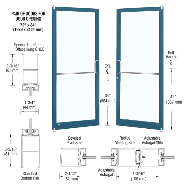 CRL-U.S. Aluminum Custom KYNAR® Paint Custom Pair Series 250 Narrow Stile Offset Pivot Entrance Doors for Overhead Concealed Door Closers