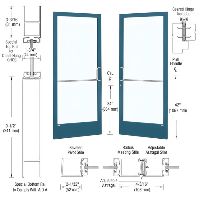 CRL-U.S. Aluminum Custom KYNAR® Paint Custom Pair Series 250 Narrow Stile Geared Hinged Entrance Doors for Overhead Concealed Door Closers