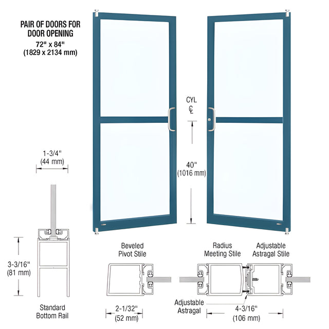 CRL-U.S. Aluminum Custom KYNAR® Paint Custom Pair Series 250 Narrow Stile Offset Pivot Entrance Doors For Panics for Surface Mount Door Closers