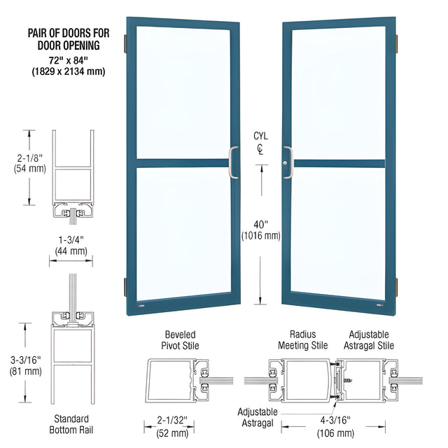 CRL-U.S. Aluminum Custom KYNAR® Paint Custom Pair Series 250 Narrow Stile Butt Hinge Entrance Doors for Panics and Surface Mount Door Closers