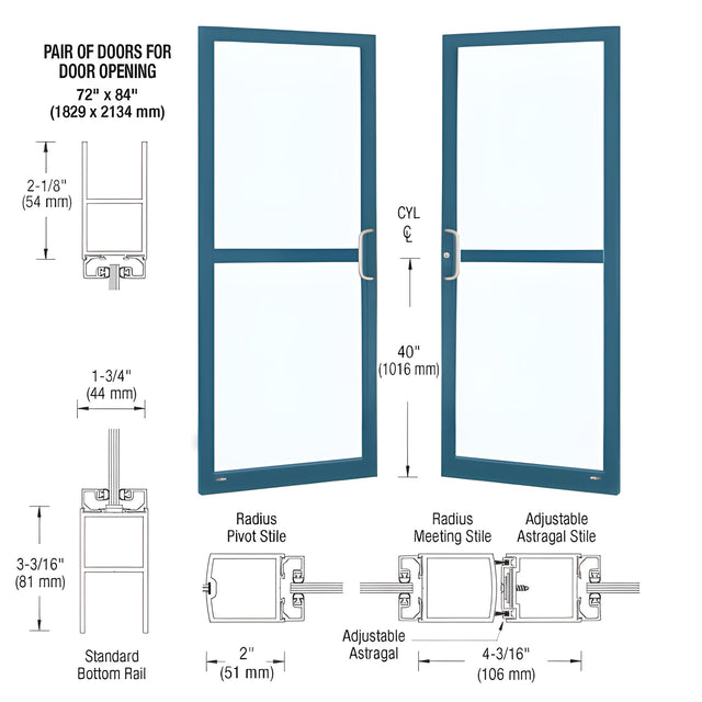 CRL-U.S. Aluminum Custom KYNAR® Paint Custom Pair Series 250 Narrow Stile Center Pivot Entrance Doors for Panics and Overhead Concealed Door Closers