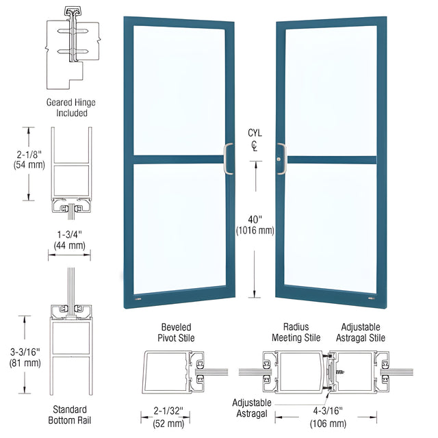 CRL-U.S. Aluminum Custom KYNAR® Paint Custom Pair Series 250 Narrow Stile Geared Hinge Entrance Doors For Panics and Surface Mount Door Closers