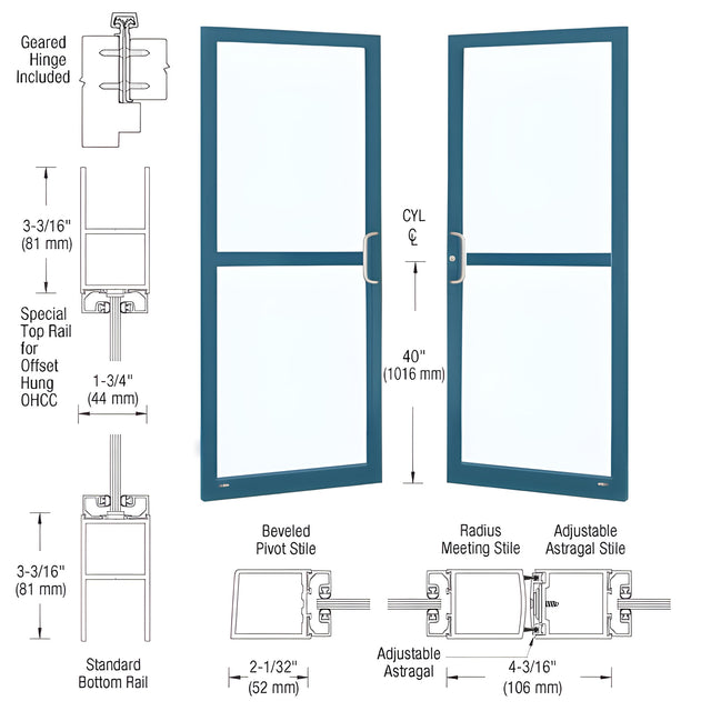 CRL-U.S. Aluminum Custom KYNAR® Paint Custom Pair Series 250 Narrow Stile Geared Hinge Entrance Doors With Panics for Overhead Concealed Door Closers
