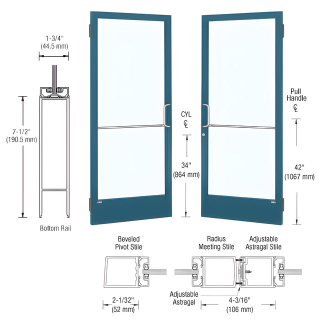 CRL-U.S. Aluminum Custom KYNAR® Paint Custom Pair Series 250 Narrow Stile Butt Hinge Entrance Doors for Surface Mount Door Closers