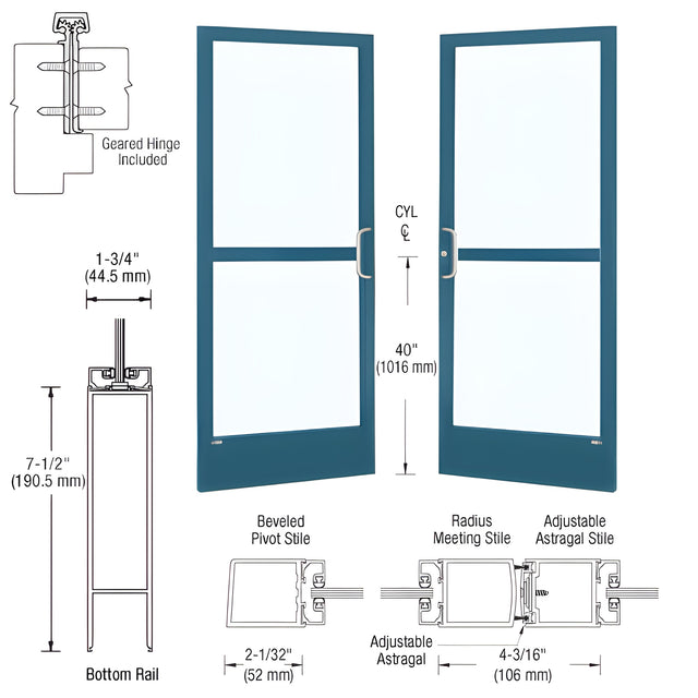 CRL-U.S. Aluminum Custom KYNAR® Paint Custom Pair Series 250 Narrow Stile Geared Hinge Entrance Doors With Panics for Surface Mount Door Closers