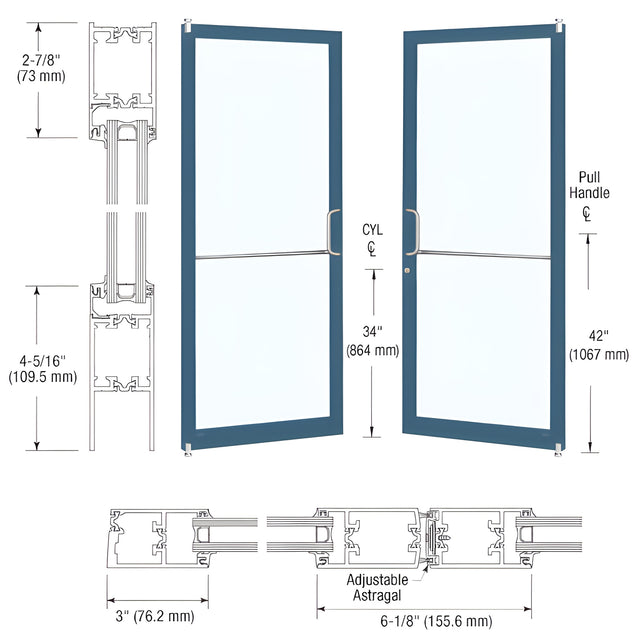 CRL-U.S. Aluminum Custom KYNAR® Paint Custom Pair Series 250T Narrow Stile Offset Pivot Thermal Entrance Doors for Surface Mount Door Closers