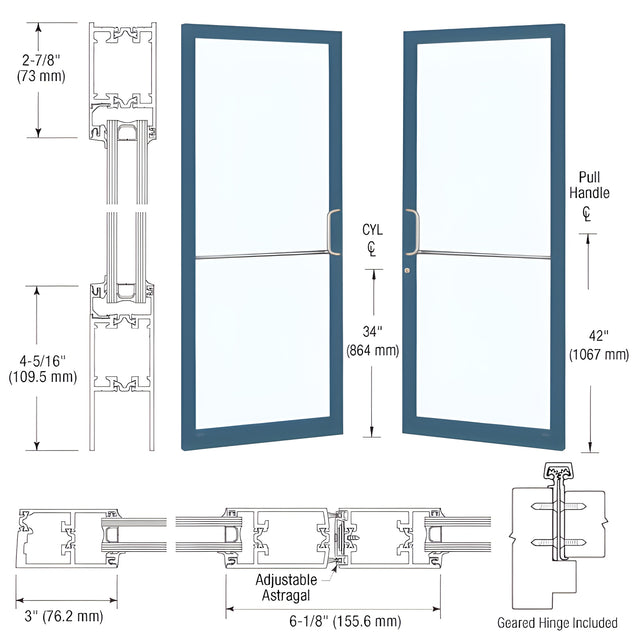 CRL-U.S. Aluminum Custom KYNAR® Paint Custom Pair Series 250T Narrow Stile Geared Hinge Thermal Entrance Doors for Surface Mount Door Closers