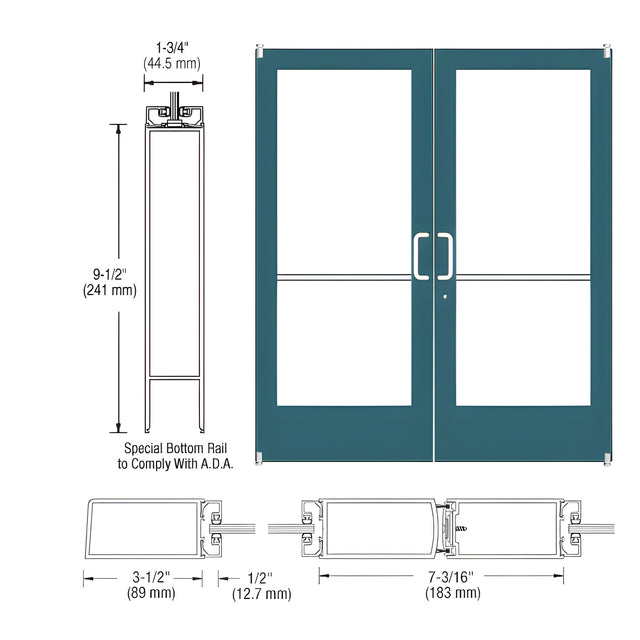 CRL-U.S. Aluminum Custom KYNAR® Paint Custom Pair Series 400 Medium Stile Offset Pivot Entrance Doors for Surface Mount Door Closers