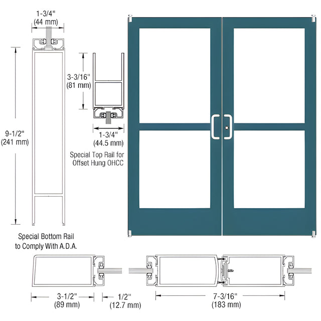 CRL-U.S. Aluminum Custom KYNAR® Paint Custom Pair Series 400 Medium Stile Offset Pivot Entrance Doors With Panics for Overhead Concealed Door Closers