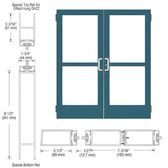 CRL-U.S. Aluminum Custom KYNAR® Paint Custom Pair Series 400 Medium Stile Butt Hinged Entrance Doors With Panics for Overhead Concealed Door Closers