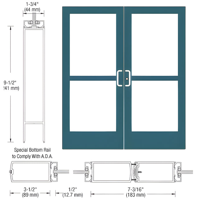 CRL-U.S. Aluminum Custom KYNAR® Paint Custom Pair Series 400 Medium Stile Center Pivot Entrance Doors With Panics for Overhead Concealed Door Closers