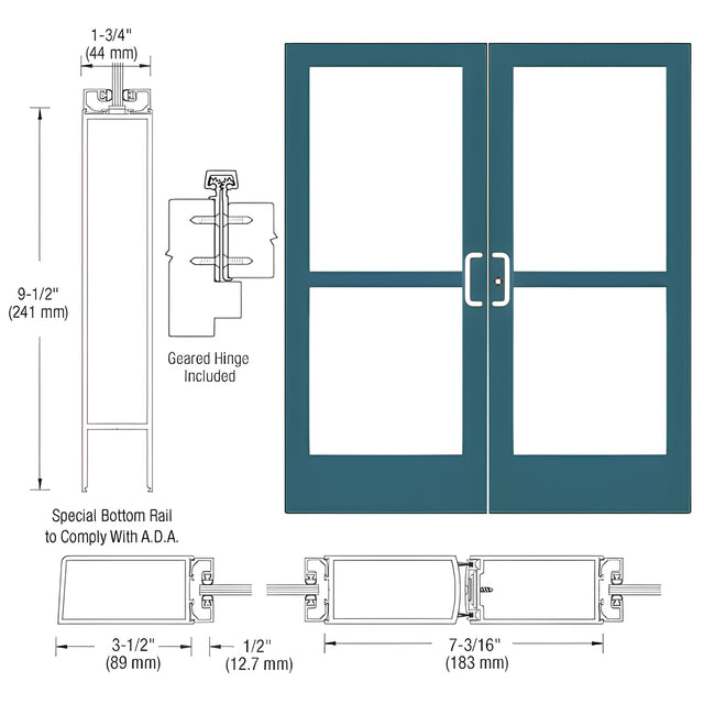 CRL-U.S. Aluminum Custom KYNAR® Paint Custom Pair Series 400 Medium Stile Geared Hinge Entrance Doors for Surface Mount Door Closers