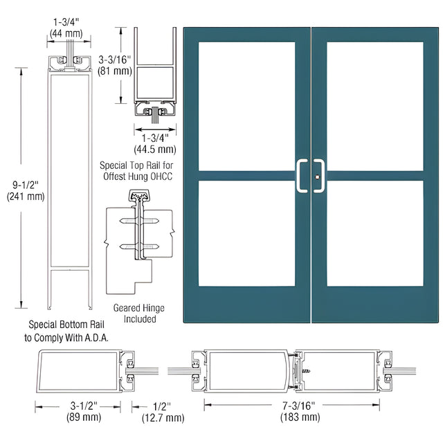 CRL-U.S. Aluminum Custom KYNAR® Paint Custom Pair Series 400 Medium Stile Geared Hinge Entrance Doors With Panics for Overhead Concealed Door Closers