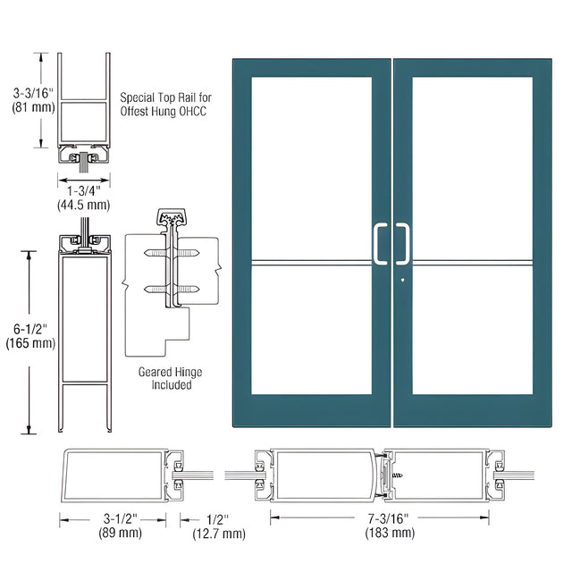 CRL-U.S. Aluminum Custom KYNAR® Paint Custom Pair Series 400 Medium Stile Geared Hinge Entrance Doors for Overhead Concealed Door Closers