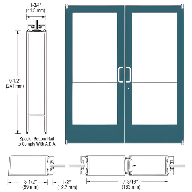 CRL-U.S. Aluminum Custom KYNAR® Paint Custom Pair Series 400 Medium Stile Offset Pivot Entrance Doors for Surface Mount Door Closer