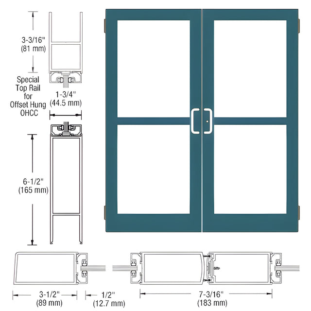 CRL-U.S. Aluminum Custom KYNAR® Paint Custom Pair Series 400 Medium Stile Butt Hinged Entrance Doors With Panics for Overhead Concealed Door Closers