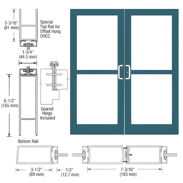 CRL-U.S. Aluminum Custom KYNAR® Paint Custom Pair Series 400 Medium Stile Offset Hung Geared Hinge Entrance Doors For Panics and Overhead Concealed Door Closers