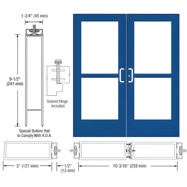 CRL-U.S. Aluminum Custom KYNAR® Paint Custom Pair Series 550 Wide Stile Geared Hinge Entrance Doors With Panics for Surface Mount Door Closers